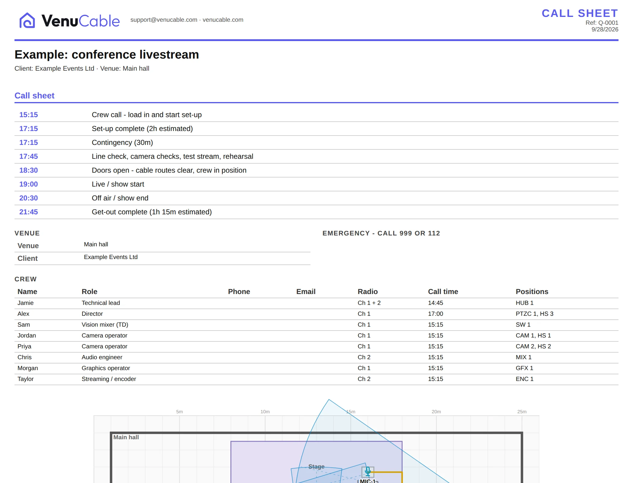 A VenuCable call sheet: show-day timings from crew call to get-out, the venue, emergency number, and each crew member's role, radio channel and call time